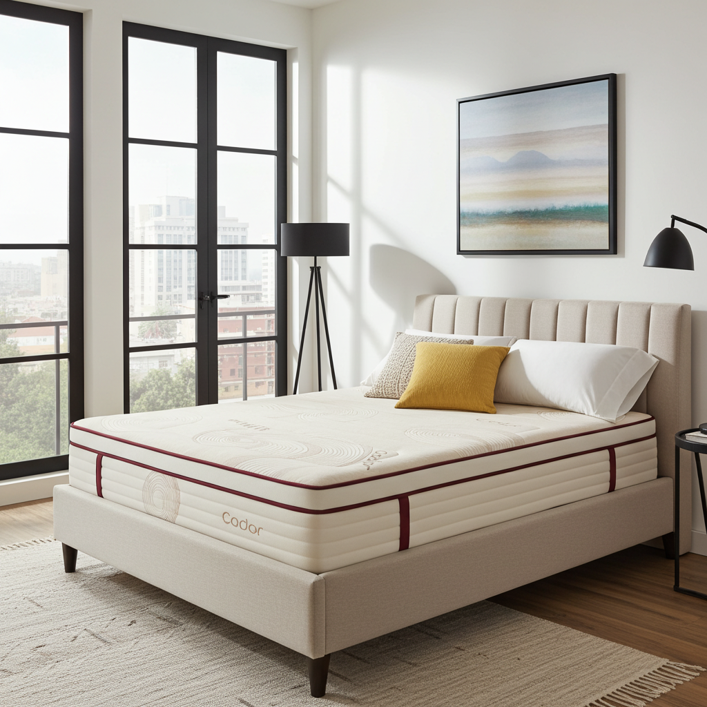 A bed with a white and beige mattress featuring red trim and the brand name 'Color' visible on the side, styled in a modern bedroom with a beige upholstered headboard, pillows, lamps, and large windows.